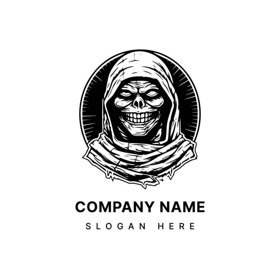Embrace the macabre with this chilling mummy hand drawn logo design illustration. Bring a touch of horror to your projects, from gaming to apparel, with this spine tingling artwork. vector
