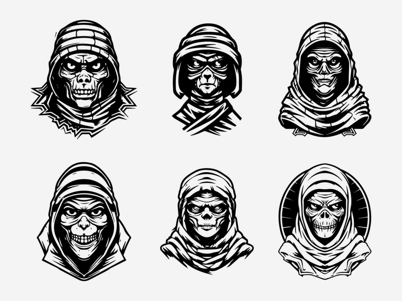 Creepy mummy hand drawn logo design illustration, perfect for Halloween events, horror themed projects, and spooky merchandise. Mysterious, eerie, and unforgettable. vector