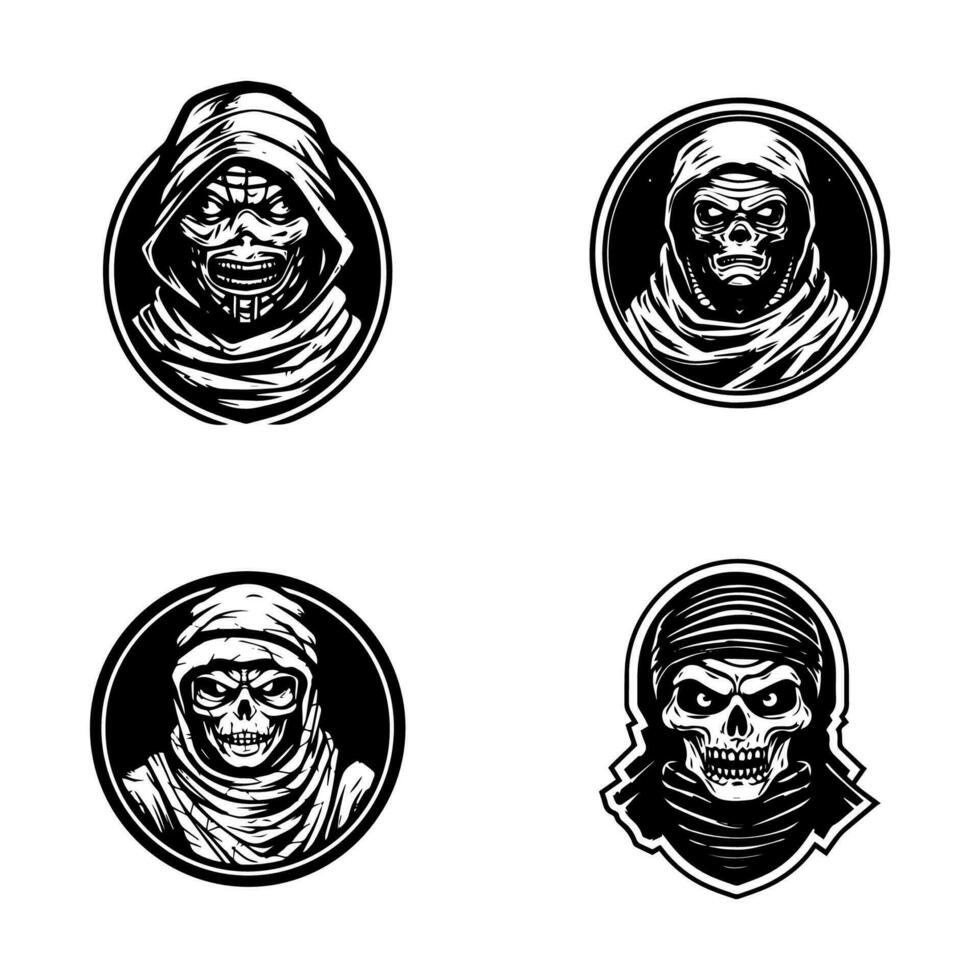 Embrace the macabre with this chilling mummy hand drawn logo design illustration. Bring a touch of horror to your projects, from gaming to apparel, with this spine tingling artwork. vector