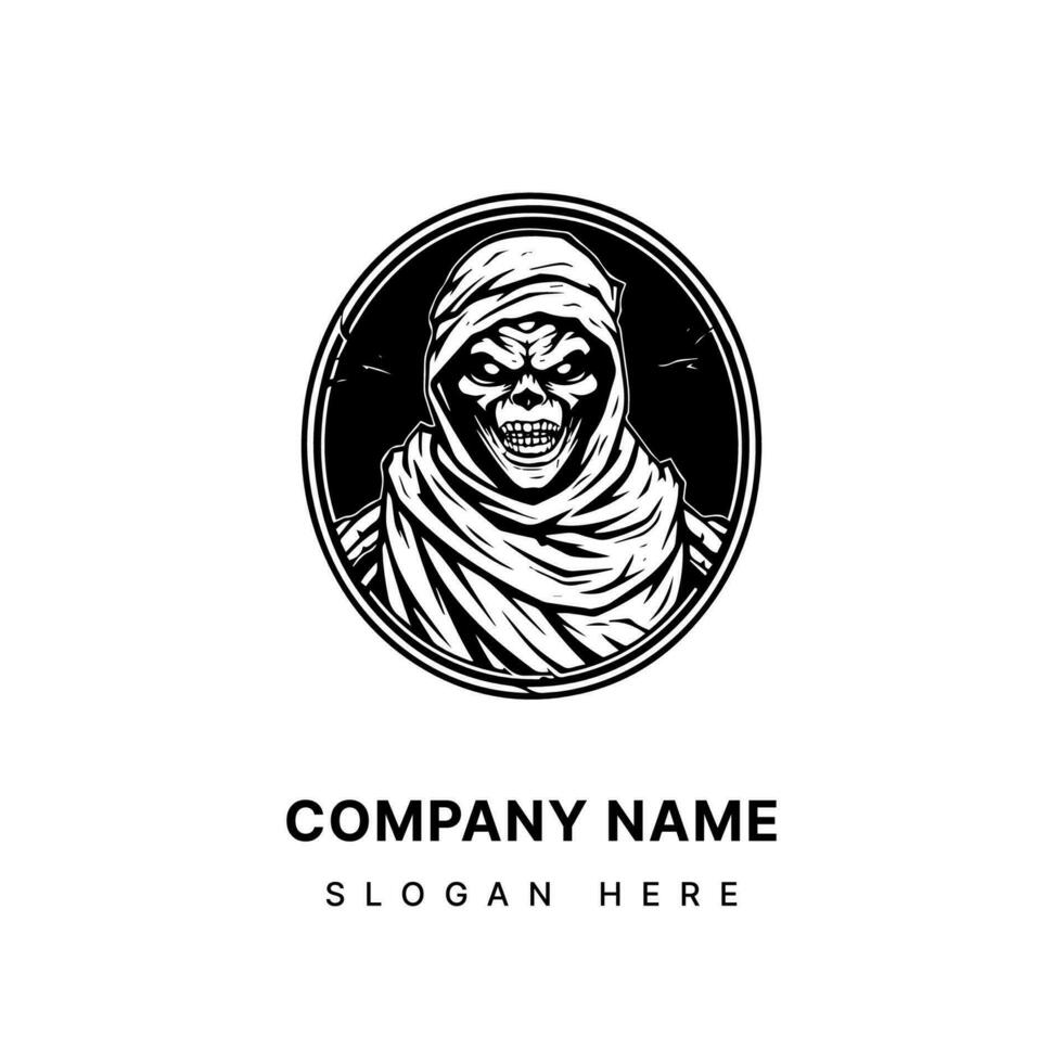 Embrace the macabre with this chilling mummy hand drawn logo design illustration. Bring a touch of horror to your projects, from gaming to apparel, with this spine tingling artwork. vector