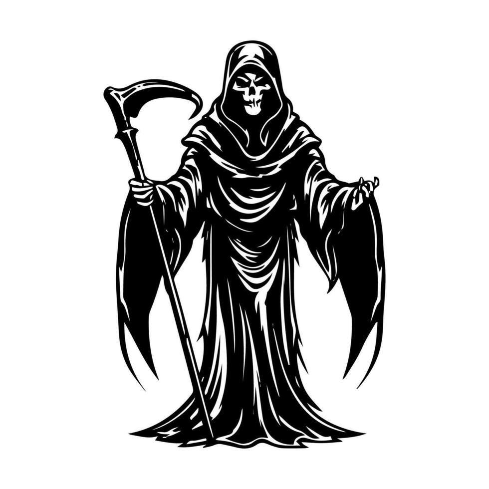 Captivating hand drawn depiction of the Grim Reaper, evoking a sense of intrigue and contemplation about the mysteries of life and the afterlife. vector