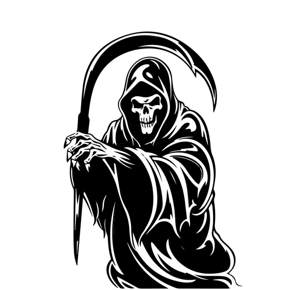 Intricately detailed hand drawn illustration of the Grim Reaper, embodying the dark allure of mortality and the unknown. vector