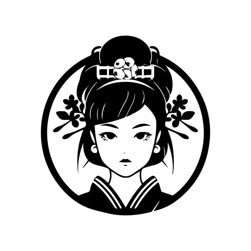 un fusión de tradicional y moderno estética, esta mano dibujado logo diseño retrata el seductor encanto de un japonés geisha muchacha. vector