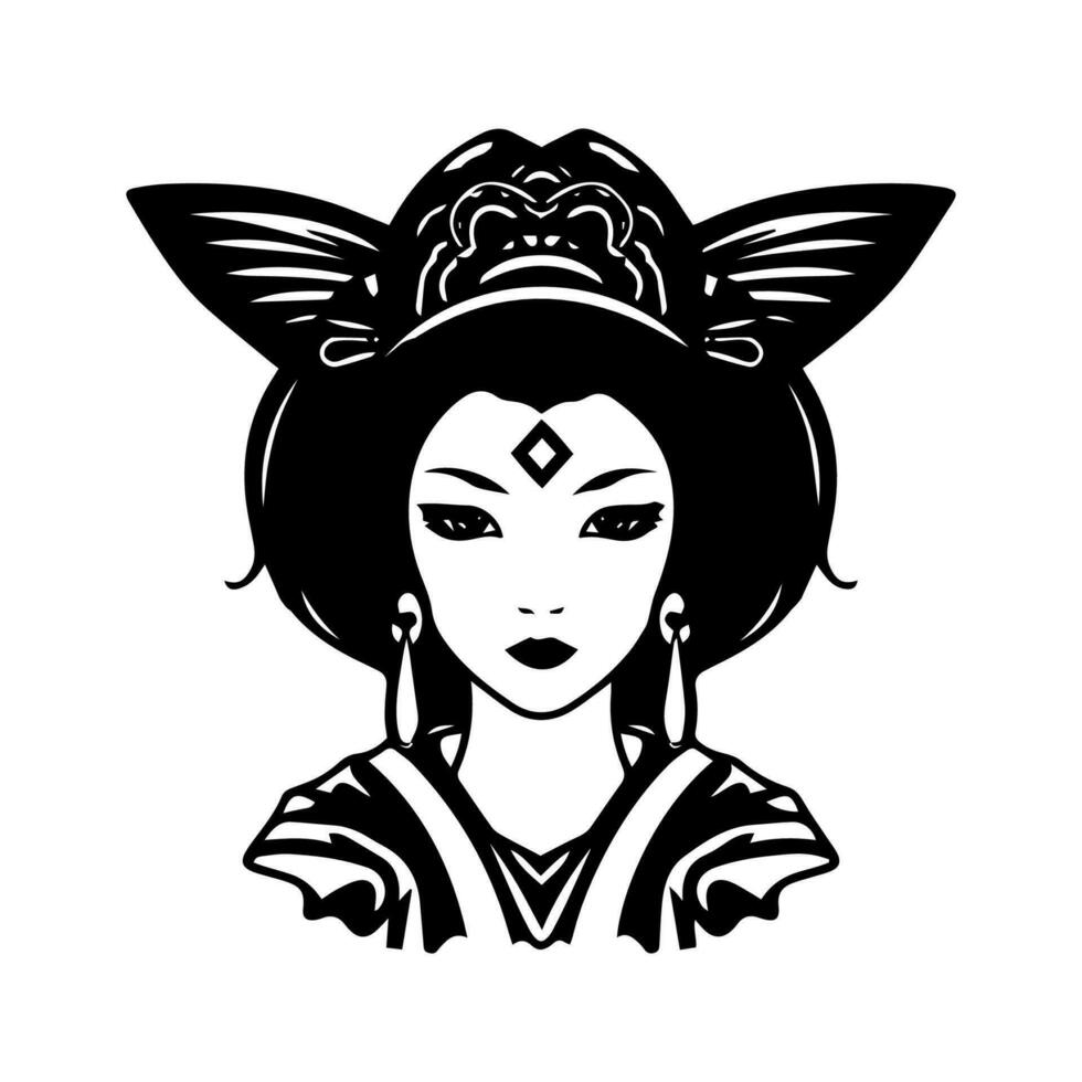 un fusión de tradicional y moderno estética, esta mano dibujado logo diseño retrata el seductor encanto de un japonés geisha muchacha. vector