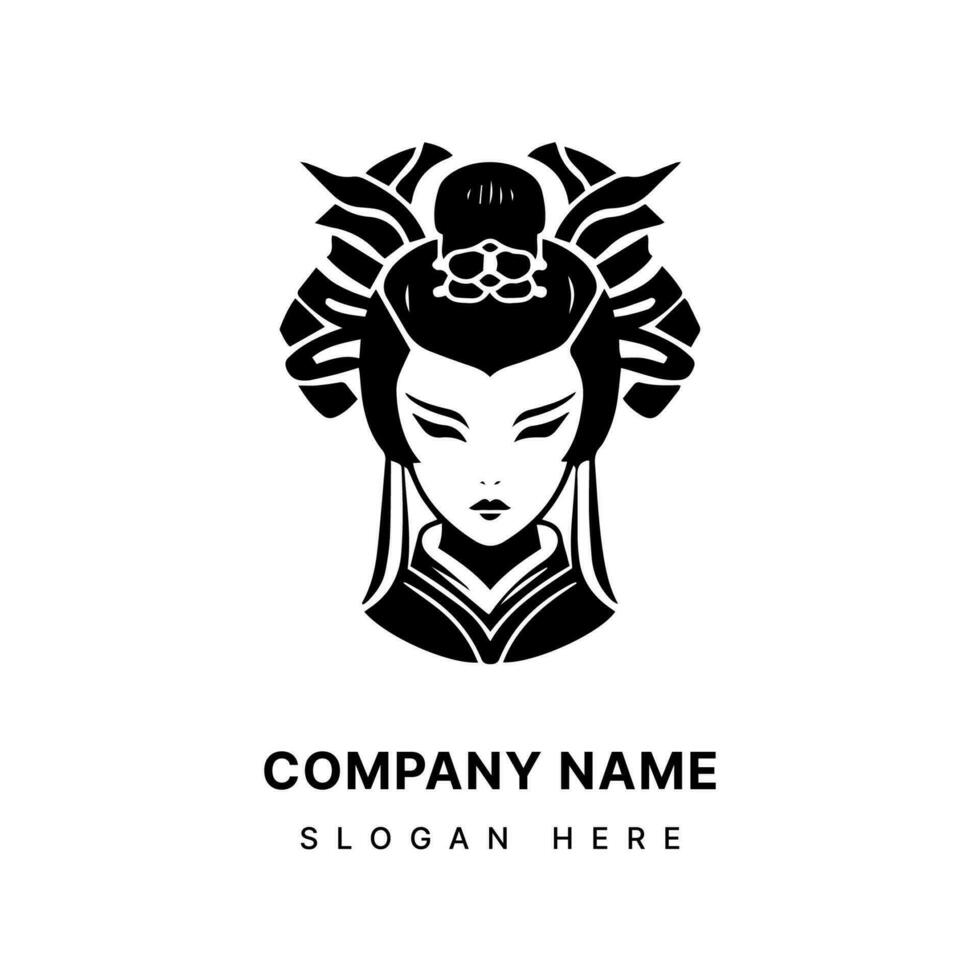 A fusion of traditional and modern aesthetics, this hand drawn logo design portrays the alluring charm of a Japanese geisha girl. vector