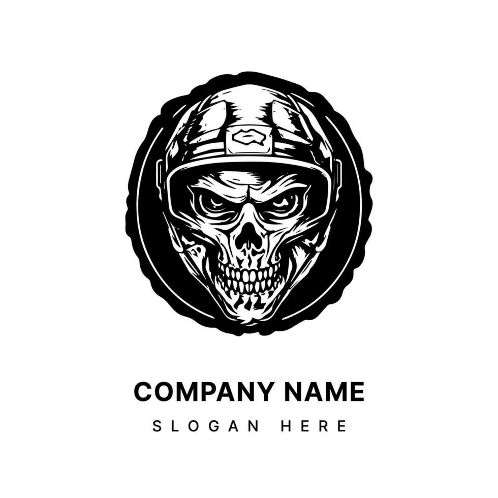 Captivating illustration of a skull zombie in a biker helmet, creating a striking logo design that embodies a blend of horror, adventure, and the thrill of the open road vector