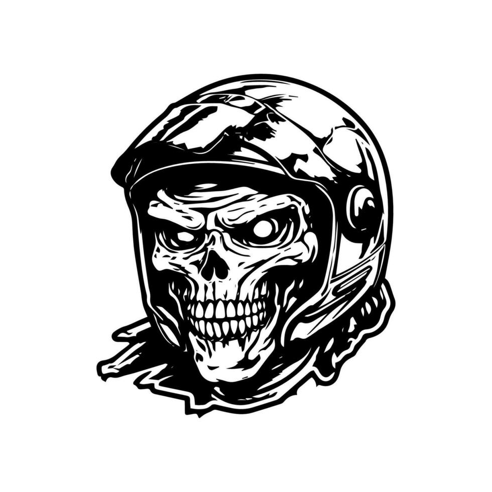 único mano dibujado logo diseño presentando un cráneo zombi con un motocicleta motorista casco, representando rebelión, peligro, y un audaz espíritu vector