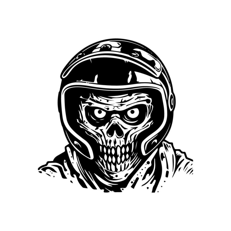 cráneo zombi vistiendo motocicleta motorista casco logo vector