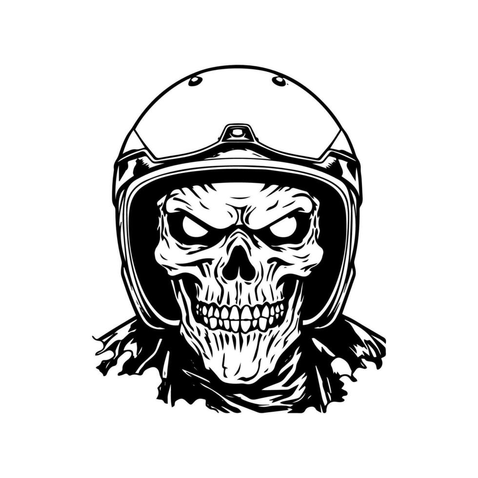Unique hand drawn logo design featuring a skull zombie with a motorcycle biker helmet, representing rebellion, danger, and a fearless spirit vector