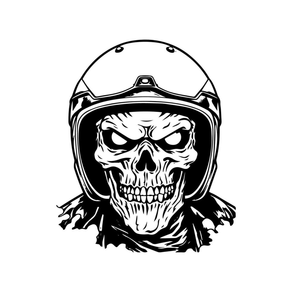 único mano dibujado logo diseño presentando un cráneo zombi con un motocicleta motorista casco, representando rebelión, peligro, y un audaz espíritu vector