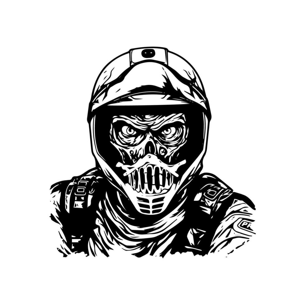 cráneo zombi vistiendo motocicleta motorista casco logo vector