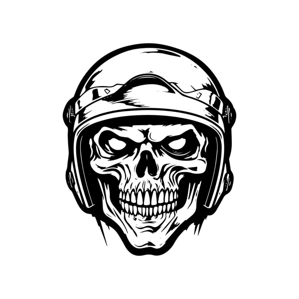 único mano dibujado logo diseño presentando un cráneo zombi con un motocicleta motorista casco, representando rebelión, peligro, y un audaz espíritu vector