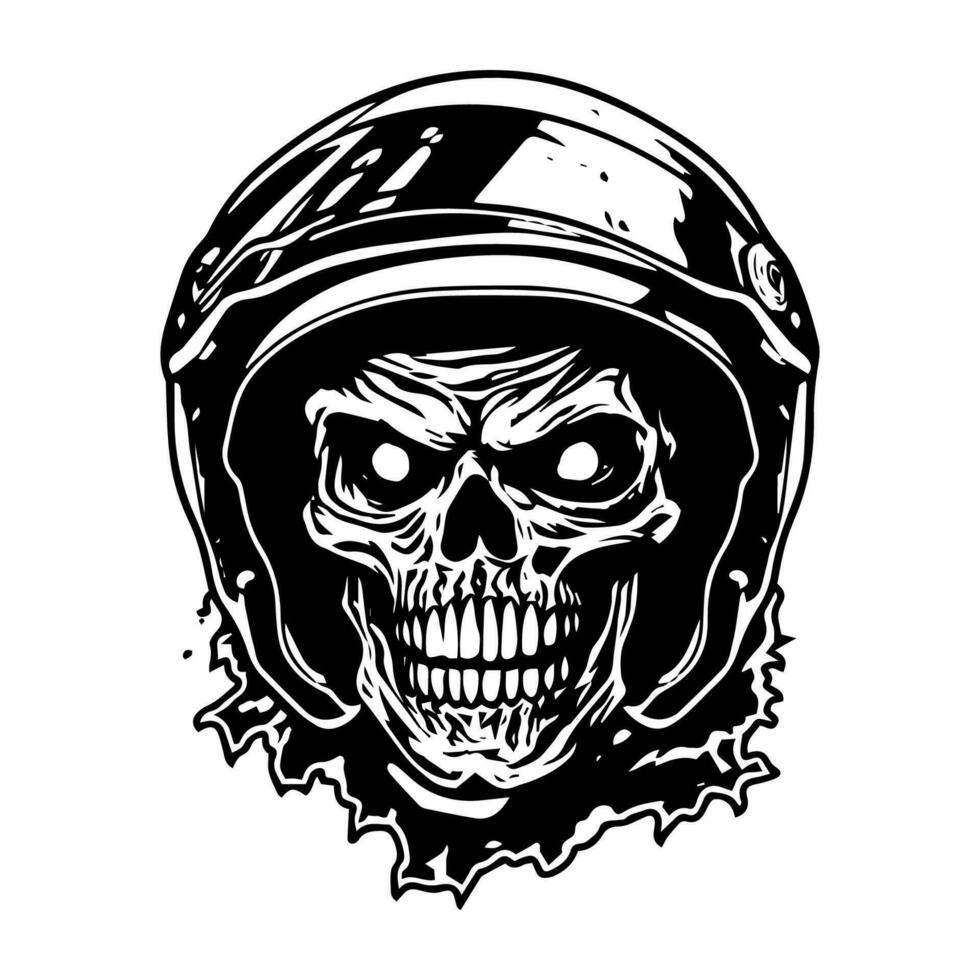 único mano dibujado logo diseño presentando un cráneo zombi con un motocicleta motorista casco, representando rebelión, peligro, y un audaz espíritu vector
