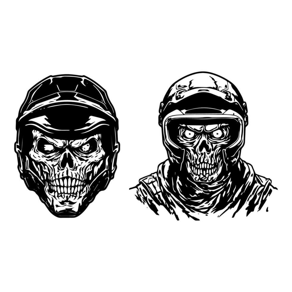 cráneo zombi vistiendo motocicleta motorista casco logo vector