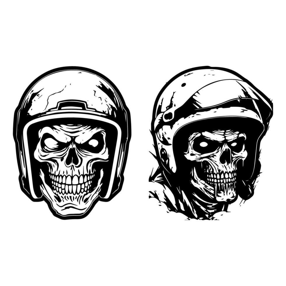 Edgy and intense logo design illustration of a skull zombie wearing a biker helmet, combining the elements of horror and motorcycle culture vector