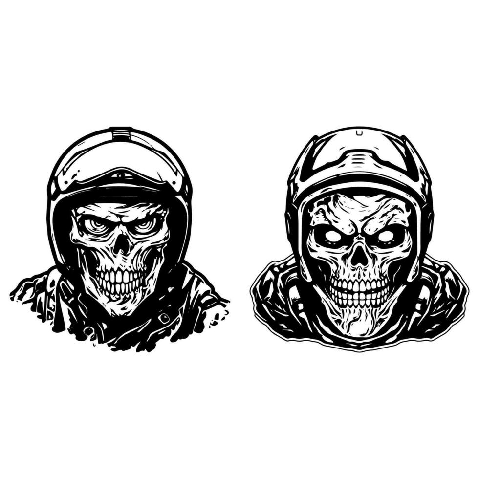 nervioso y intenso logo diseño ilustración de un cráneo zombi vistiendo un motorista casco, combinatorio el elementos de horror y motocicleta cultura vector