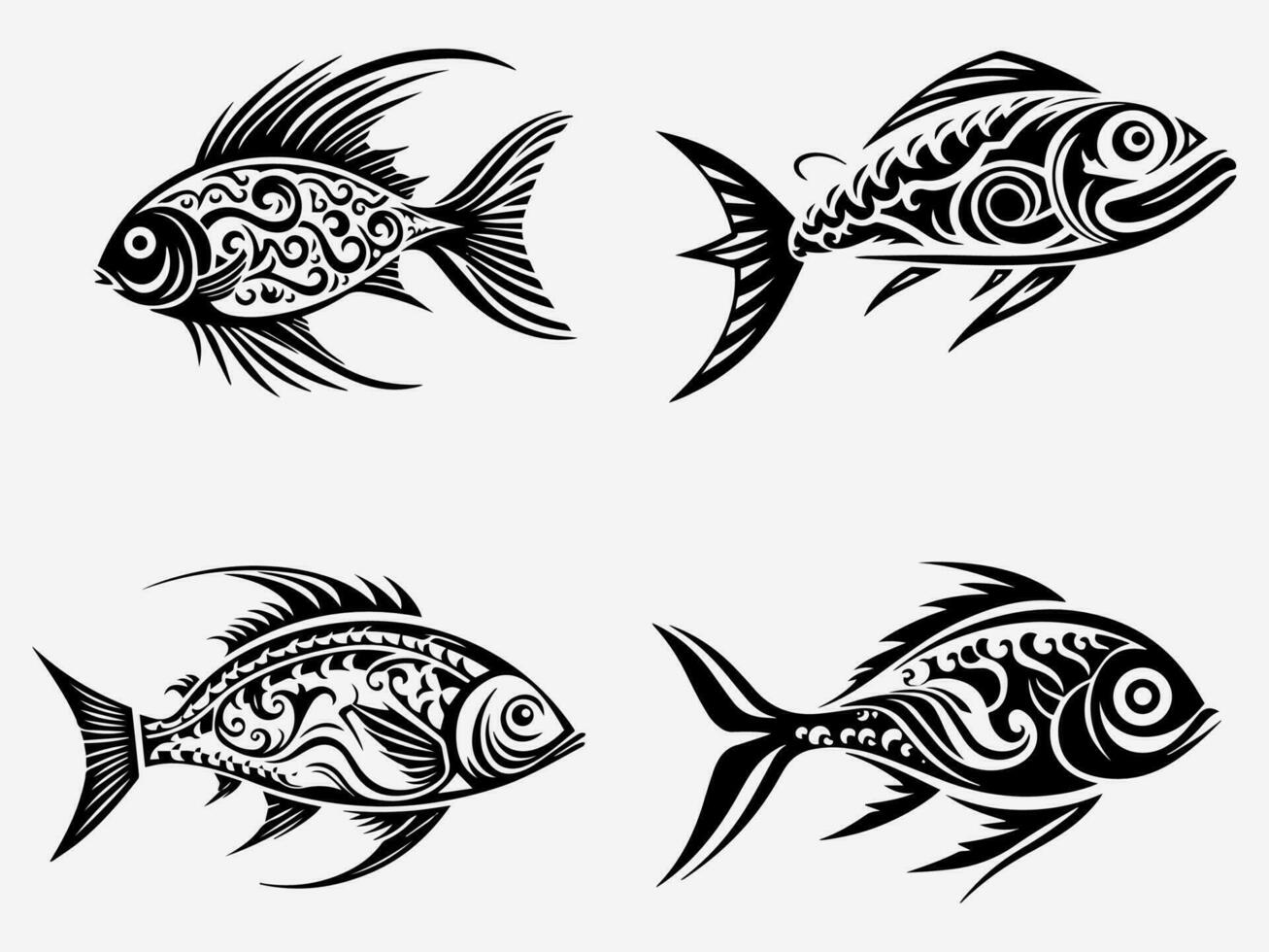 Bold and captivating hand drawn illustration of a fish tribal tattoo, symbolizing grace, adaptability, and transformation vector