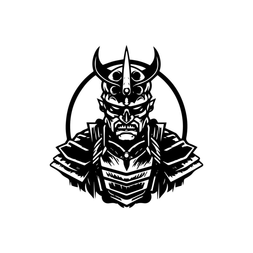 Intricate and haunting hand drawn illustration of a zombie samurai head, embodying the fusion of undead and traditional Japanese aesthetics vector