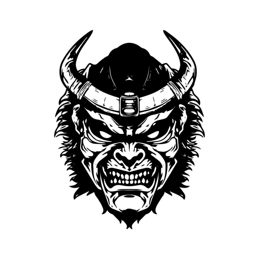 Eerie and captivating hand drawn illustration of a zombie samurai head, merging the realms of horror and ancient warrior spirit vector
