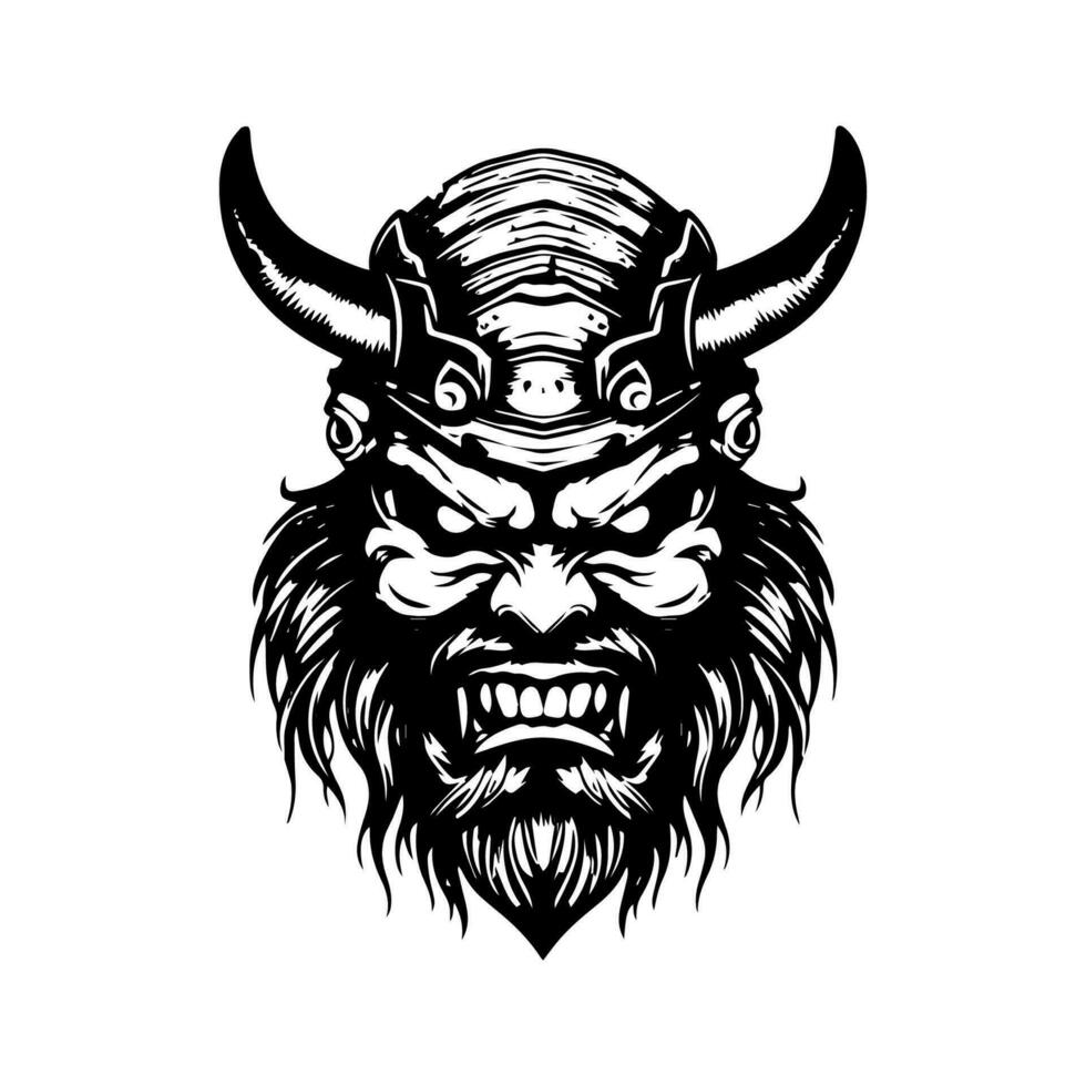 Eerie and captivating hand drawn illustration of a zombie samurai head, merging the realms of horror and ancient warrior spirit vector