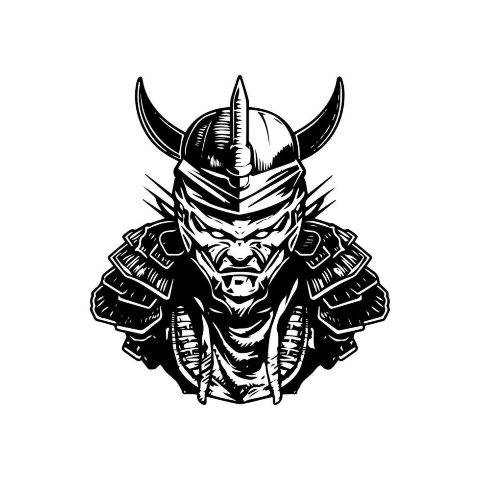 Intricate and haunting hand drawn illustration of a zombie samurai head, embodying the fusion of undead and traditional Japanese aesthetics vector