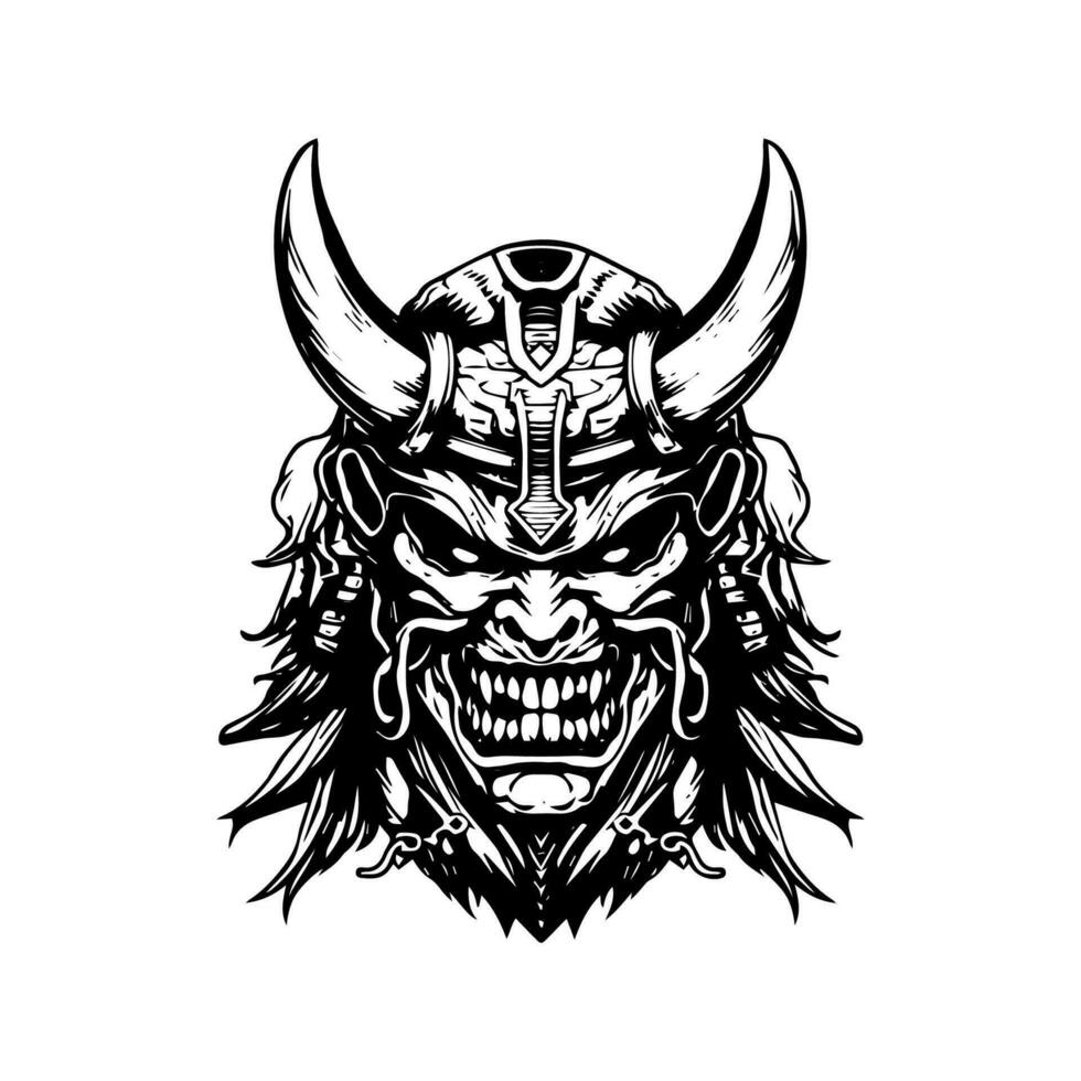 Intricate and haunting hand drawn illustration of a zombie samurai head, embodying the fusion of undead and traditional Japanese aesthetics vector