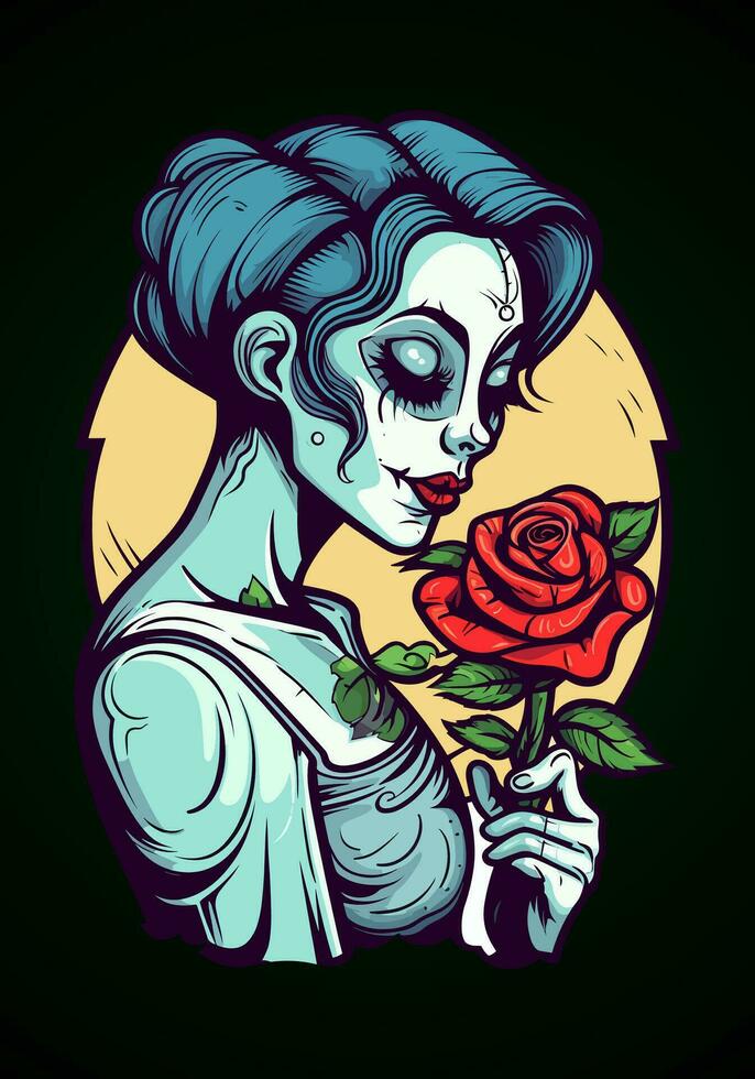 romantic zombie girl holding flower illustration vector