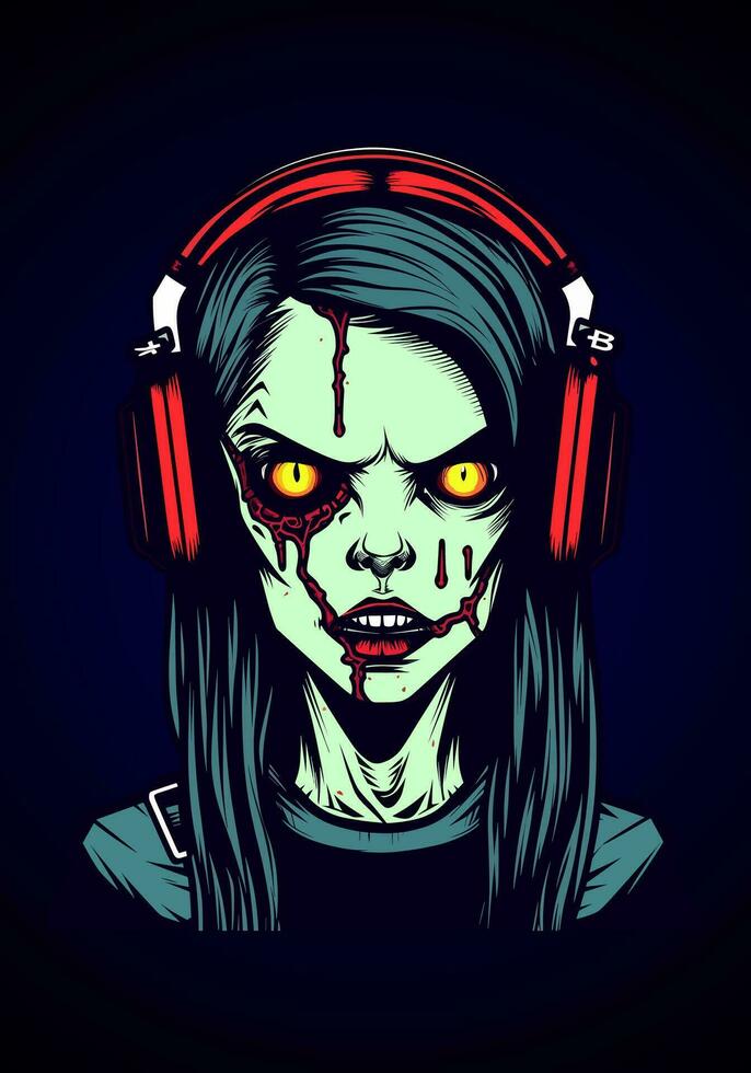 zombie girl wearing headphone illustration vector