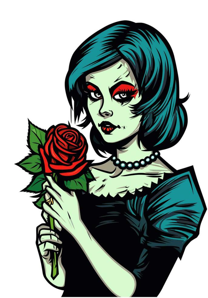 romantic zombie girl holding flower illustration vector