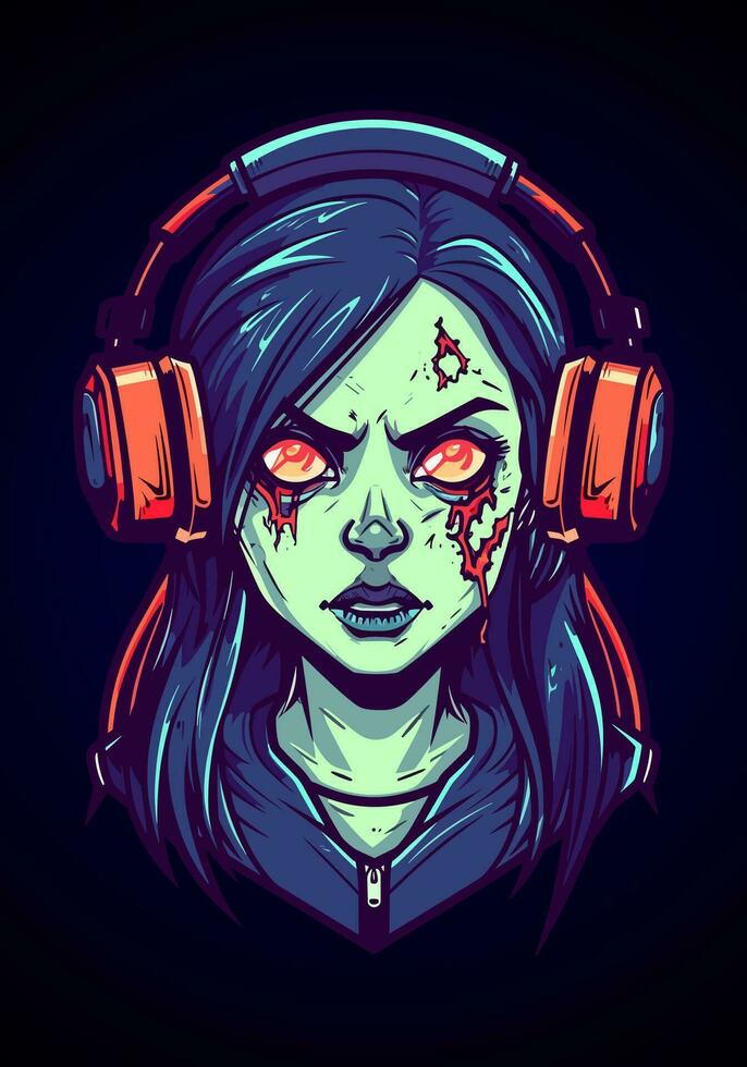 zombie girl wearing headphone illustration vector