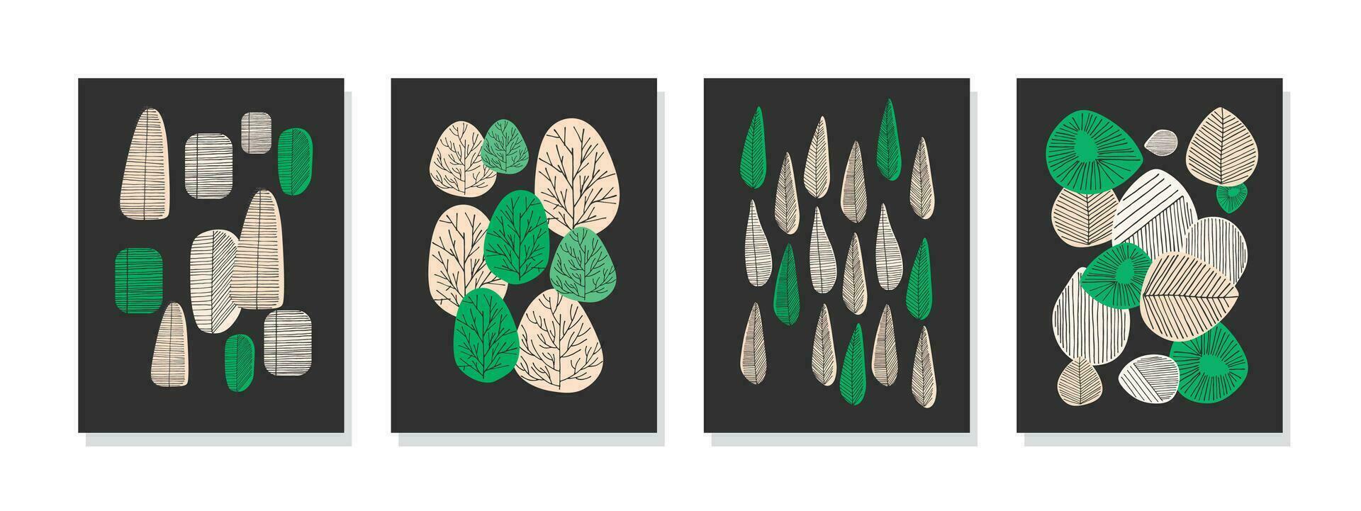 Collection of hand-drawn style abstract leaves on a dark background. Perfect for botanical wall decor, interior design, posters, covers, banners. Vector illustrations.