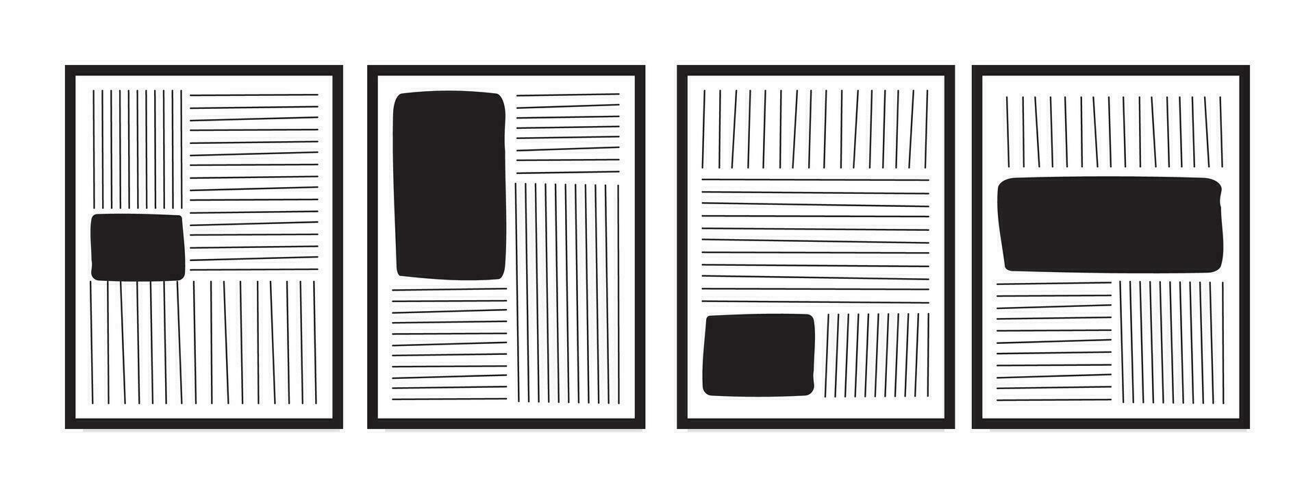 Set of black and white lines prints, minimalism line art wall art set, digital woodblock prints, simple print set. Ideal for room decoration and wall art posters. vector