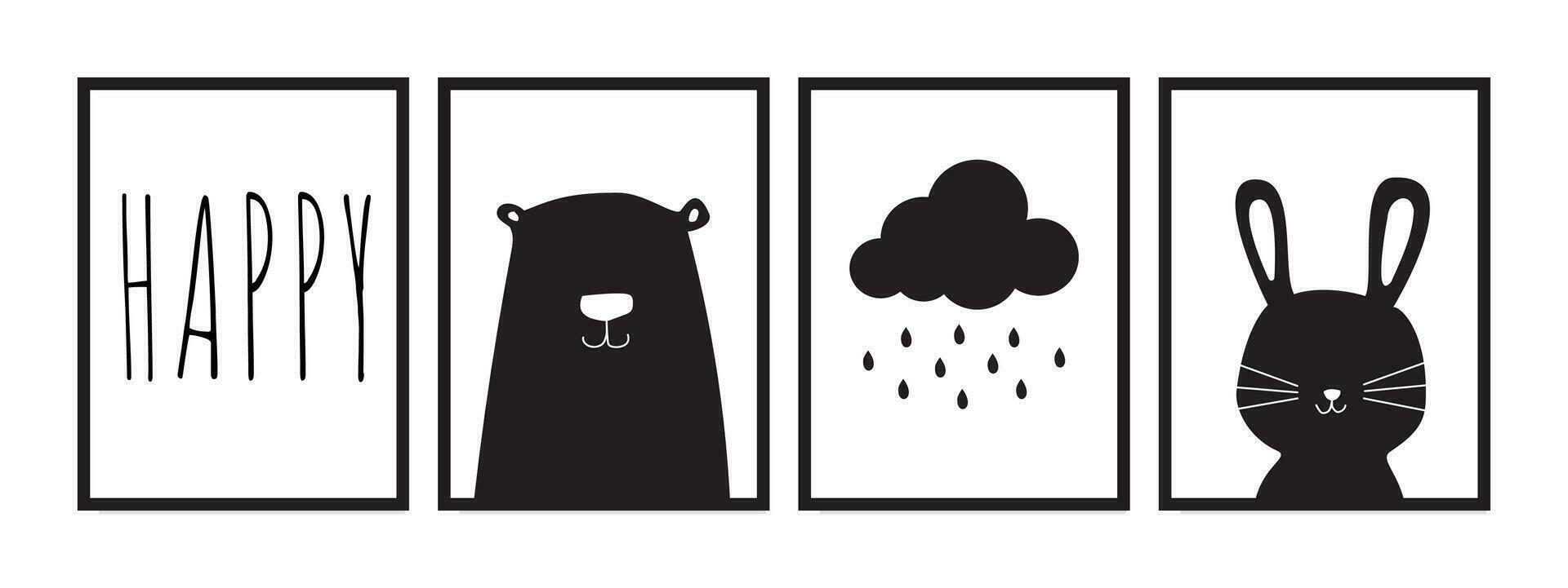 Black and white wall art design featuring illustrations of happy, rain clouds, rabbits, and bears. Ideal for kids' room decor and wall art posters. vector