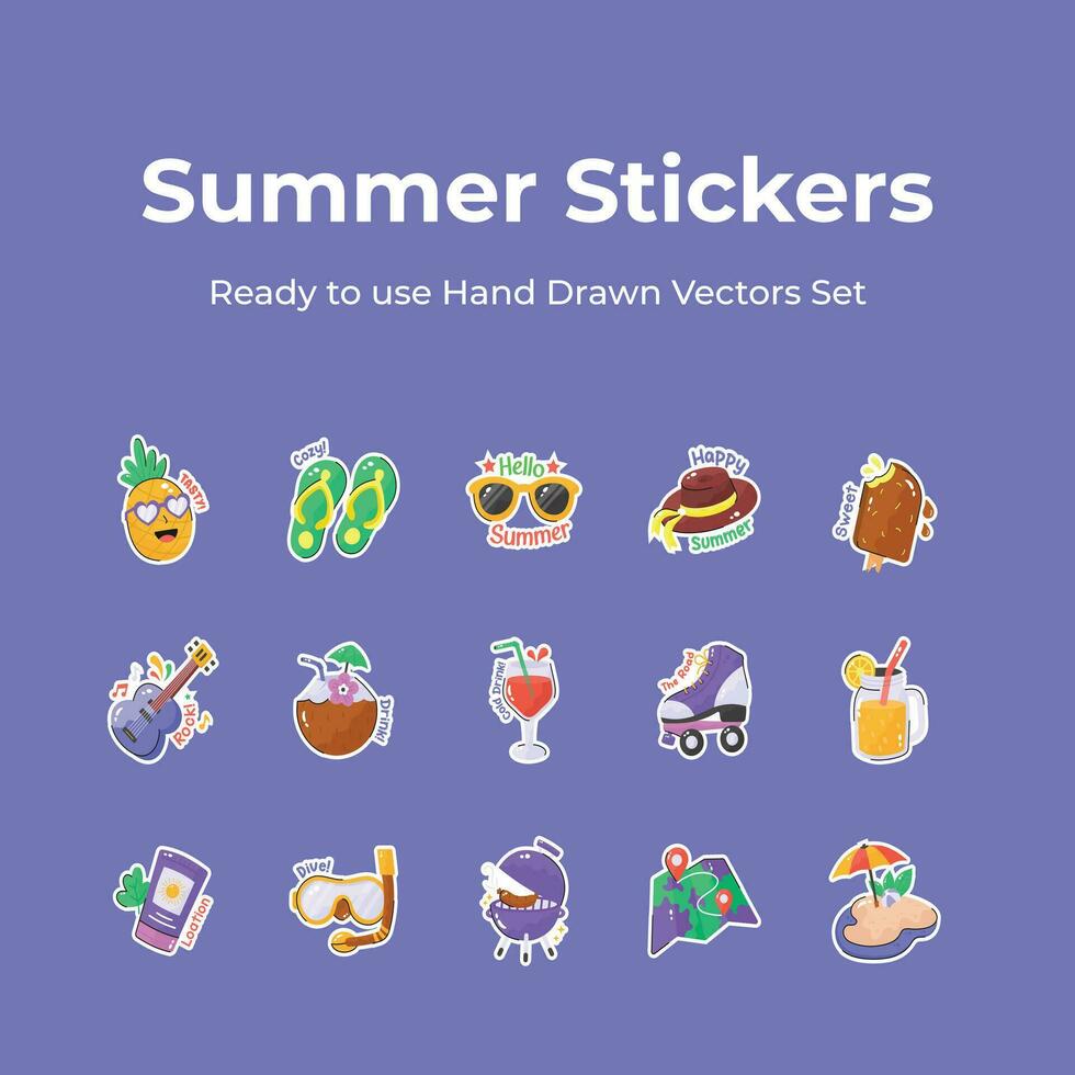 Get you hands on this creatively designed hand drawn stickers of summer vacation, travel and adventure vectors