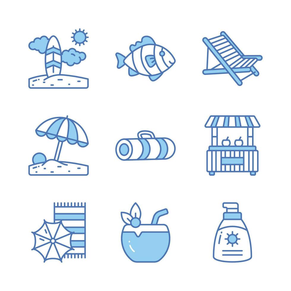 Embrace the warmth and relaxation of summer with a charming collection of icons that evoke beachside bliss vector