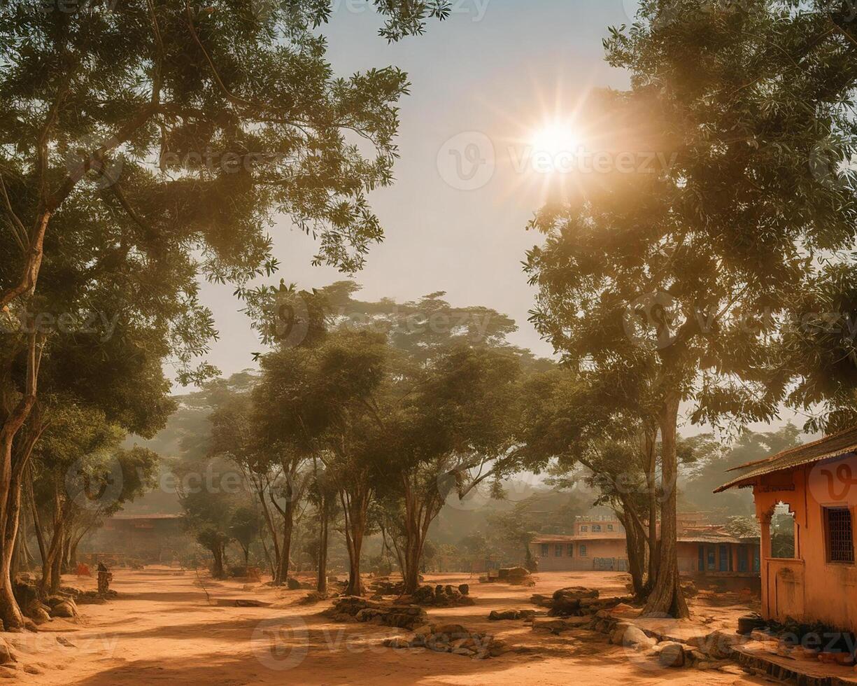 a scene with trees,houses and a radiant sun on a blue sky photo