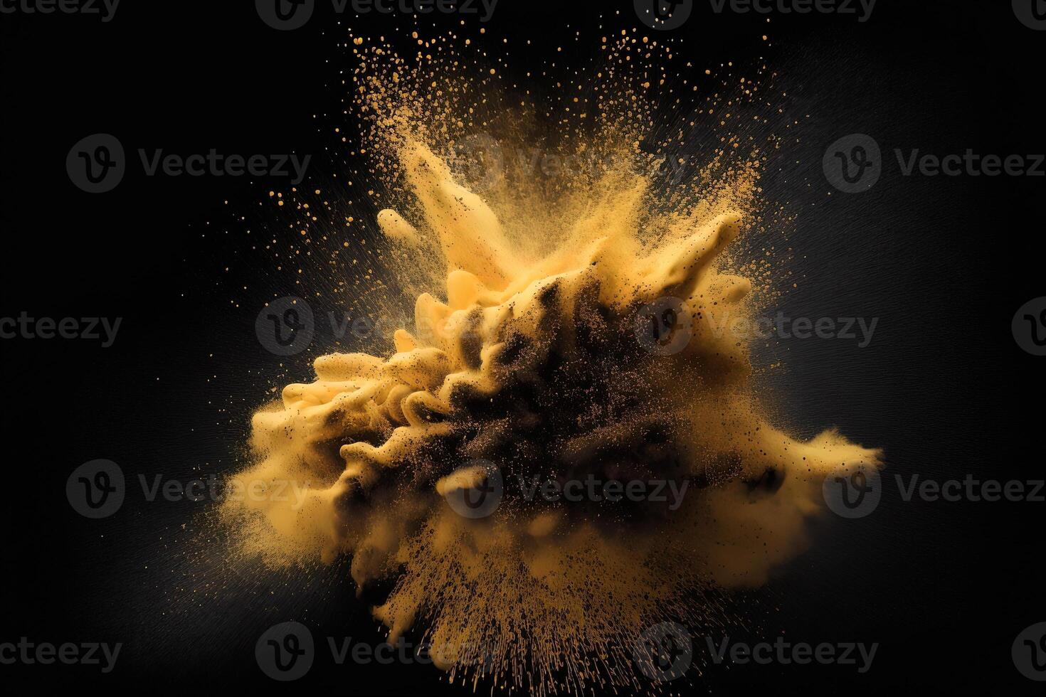 Abstract gold powder explosion on Black background.Colorful dust explode. Painted Holiday powder festival. Freeze motion of color powder exploding,throwing color powder on background. photo
