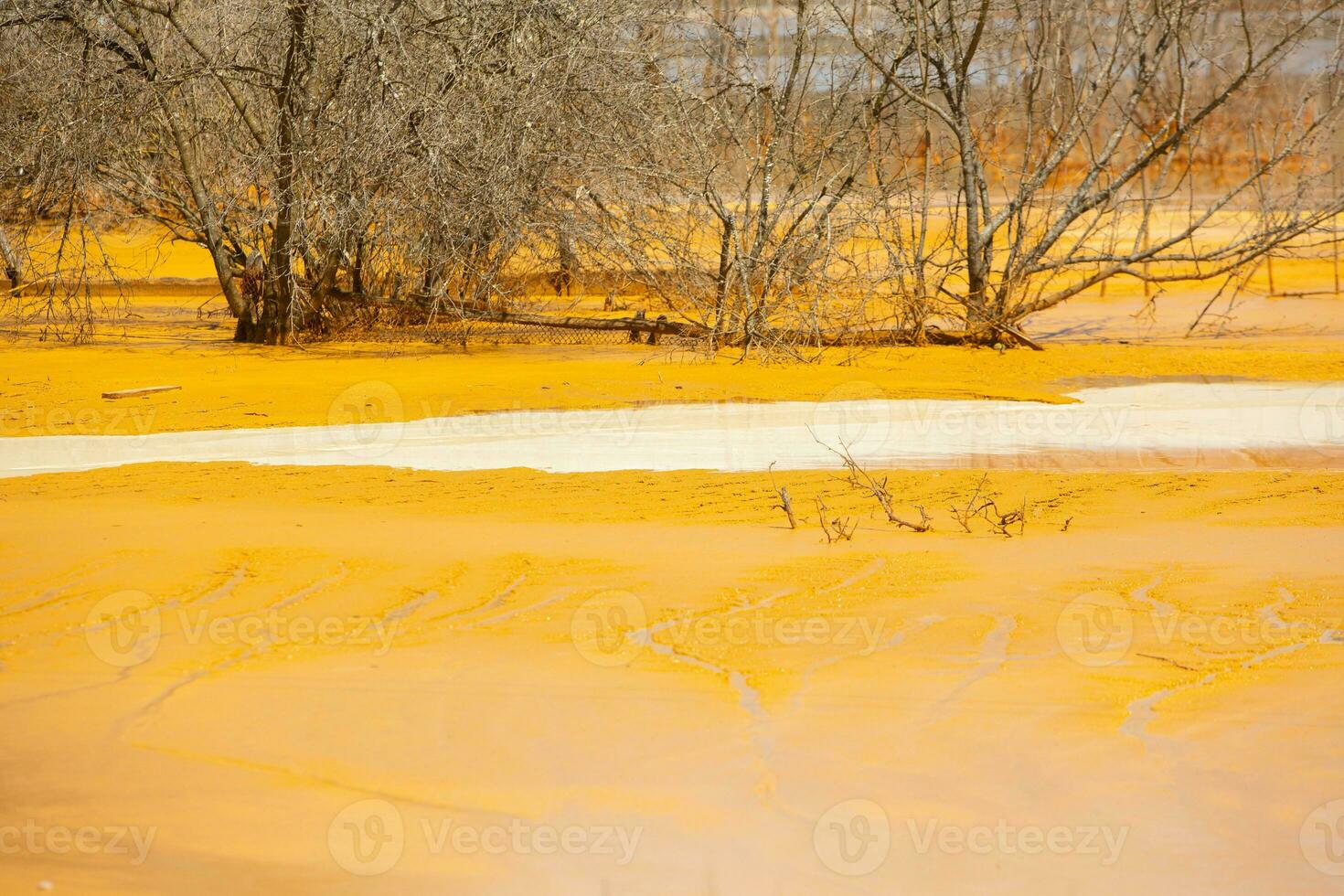 A lake contaminated with toxic waste in the western mountains of Romania. Nature pollution from copper mine. Ecological catastrophe or Environmental disaster photo