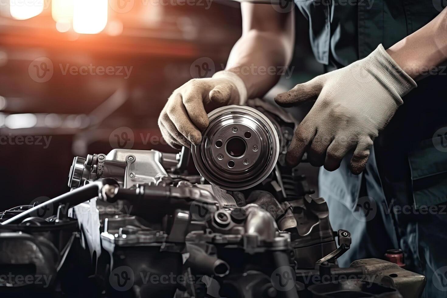 Auto mechanic working on car broken engine in mechanics service or garage. Transport maintenance wrench detia. photo