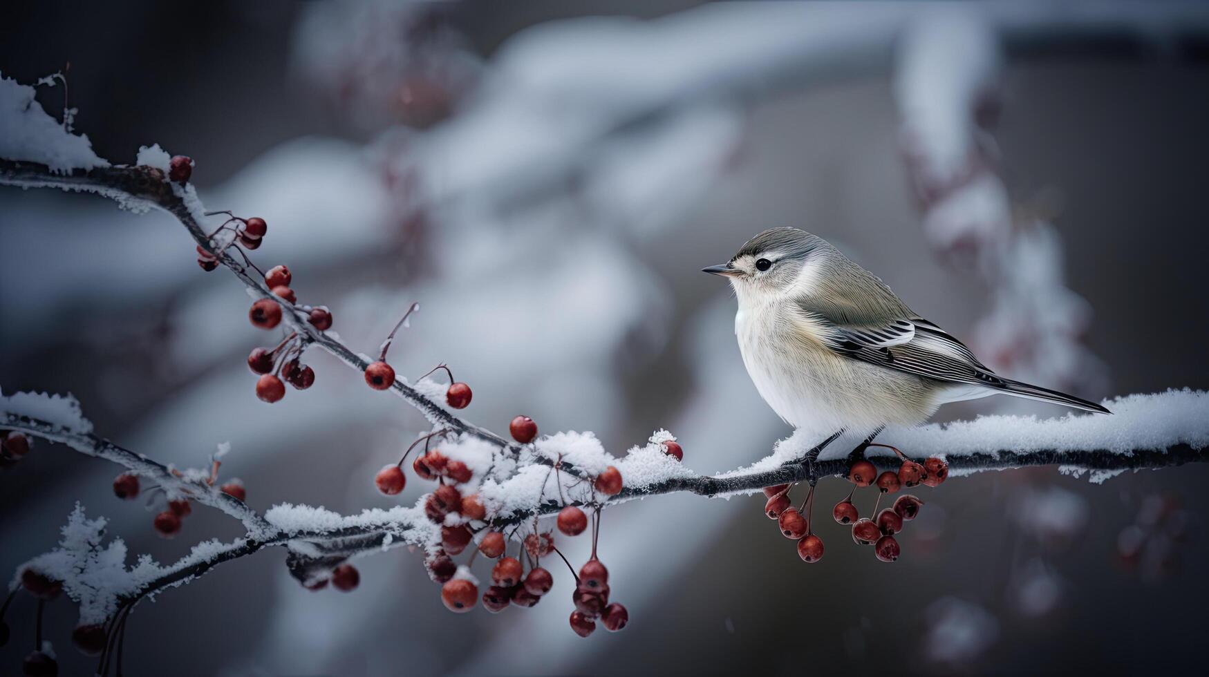 A bird on a branch with red berries in the winter. photo