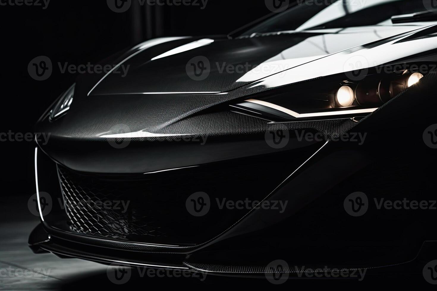 Close up black luxury car on black background with copy space. photo