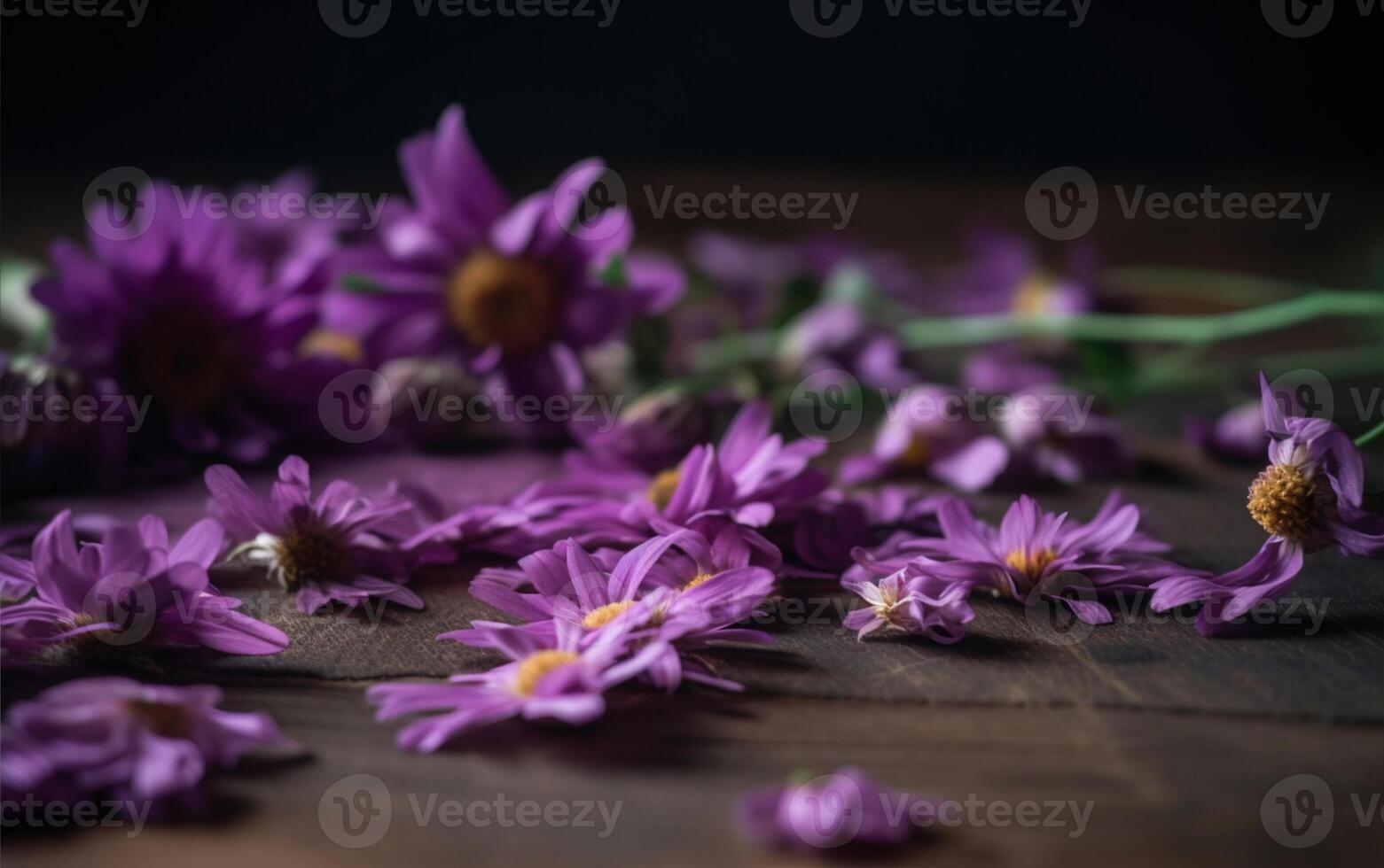 hermosa púrpura flores en de madera fondo, selectivo enfocar, Clásico tonificado ai generativo foto