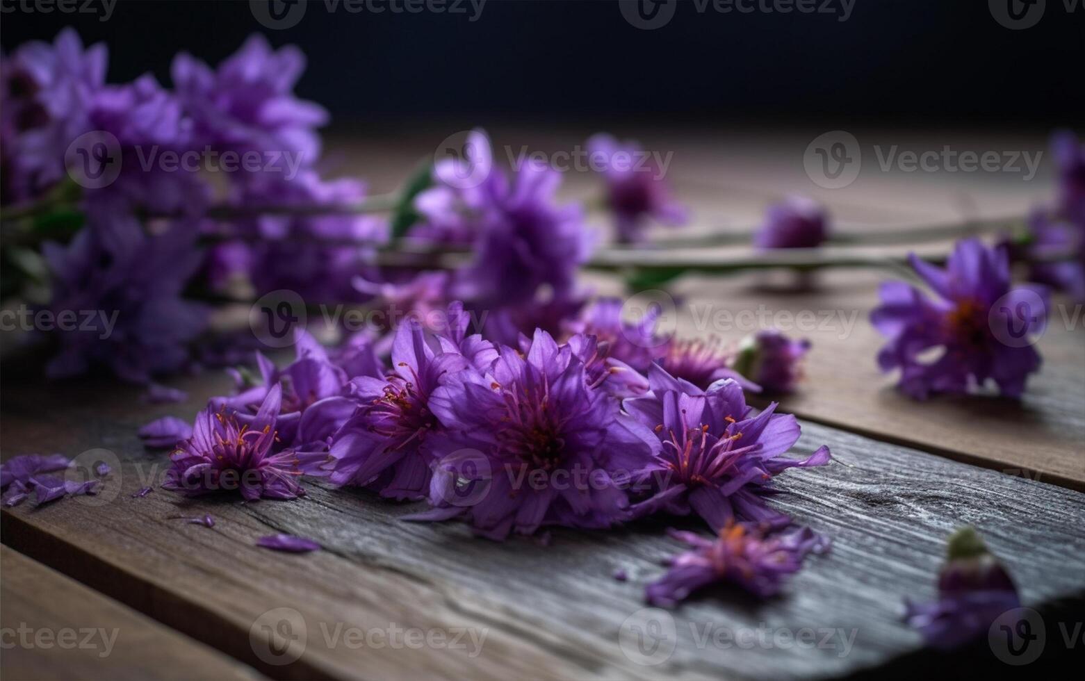 púrpura flores en un de madera mesa con un oscuro antecedentes ai generativo foto