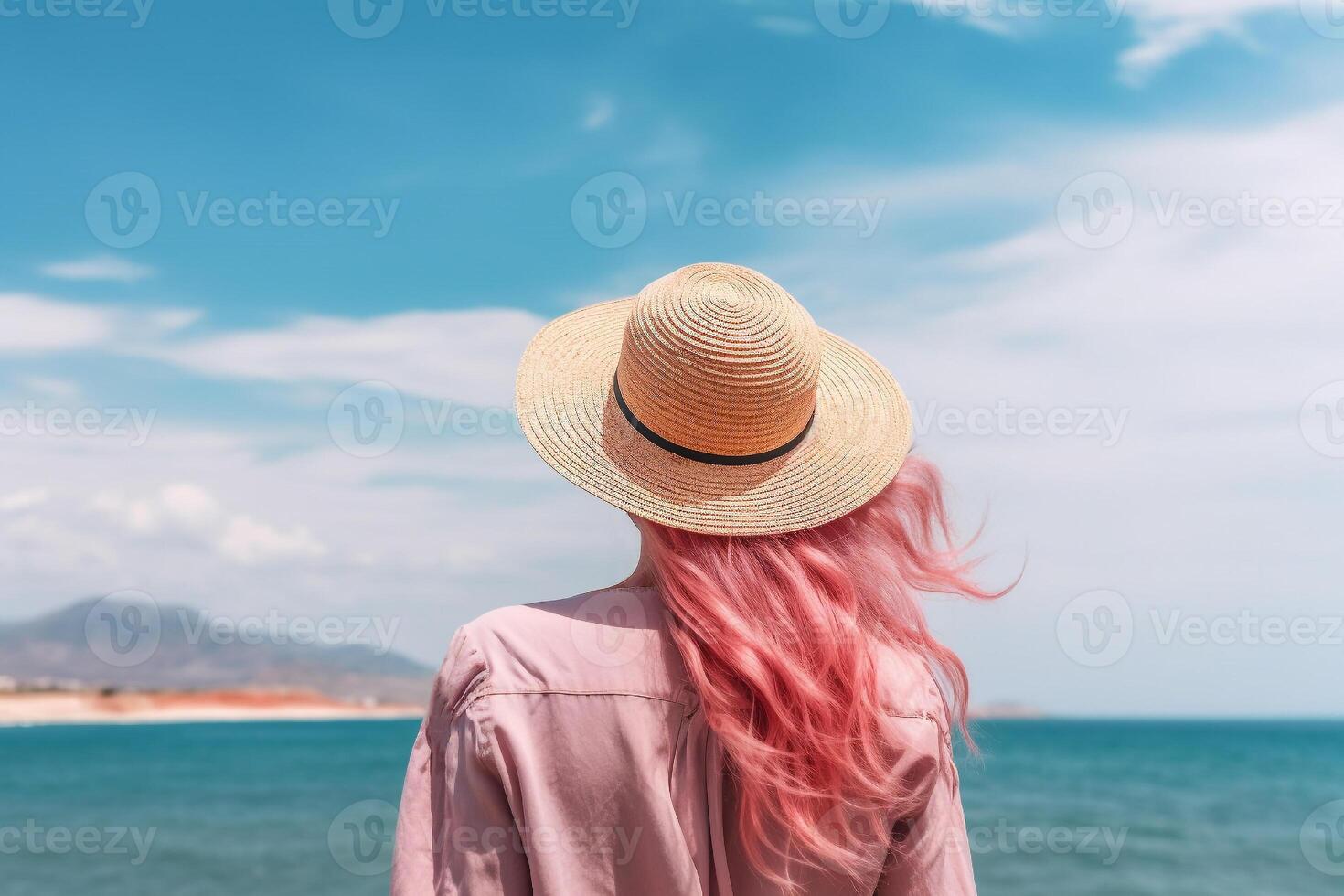 Rear view of enjoying woman by sea shore. Unrecognizable pink haired lady in straw hat portrait. . photo