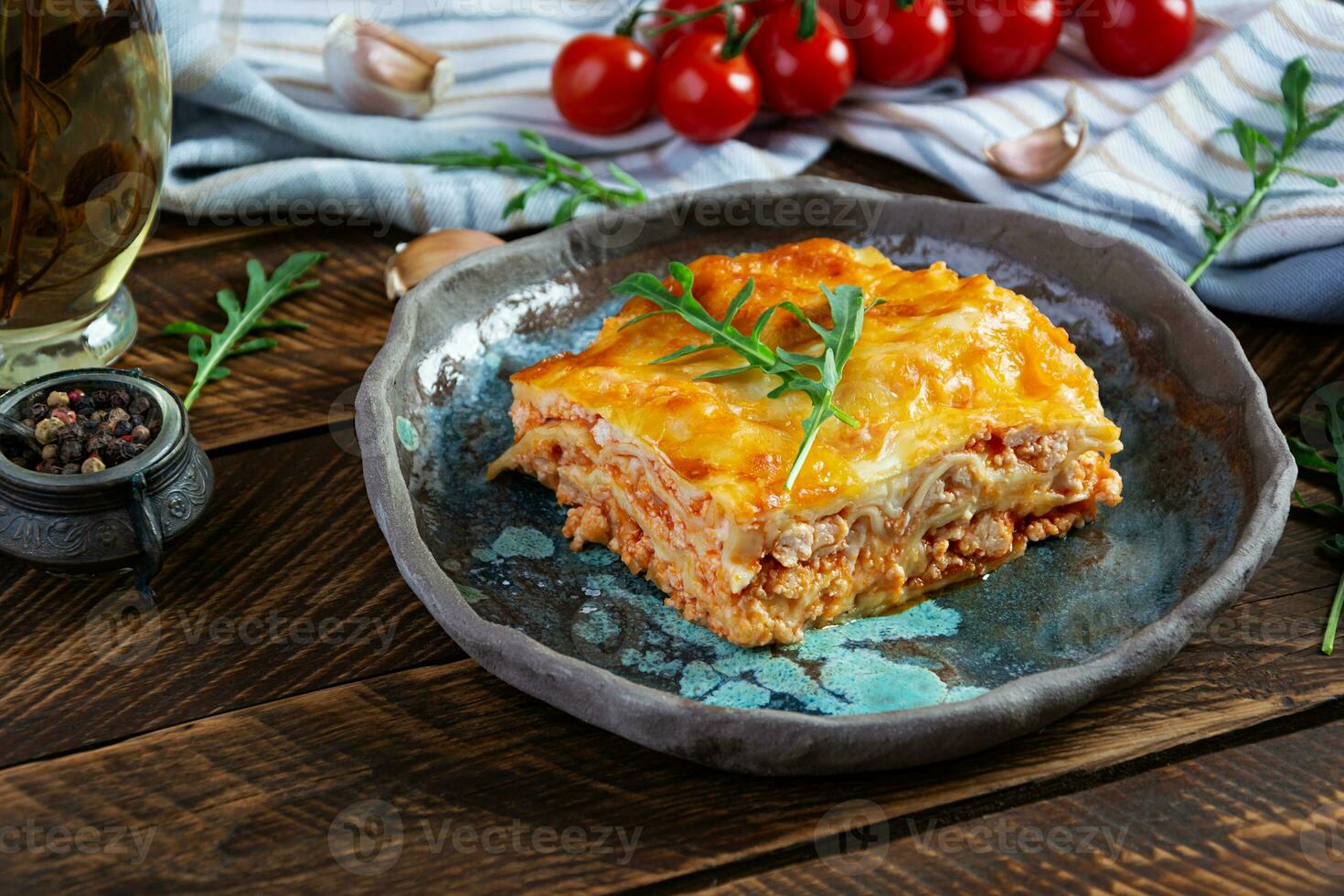 Meat lasagna with bolognese sauce and bechamel sauce. Classic lasagna photo