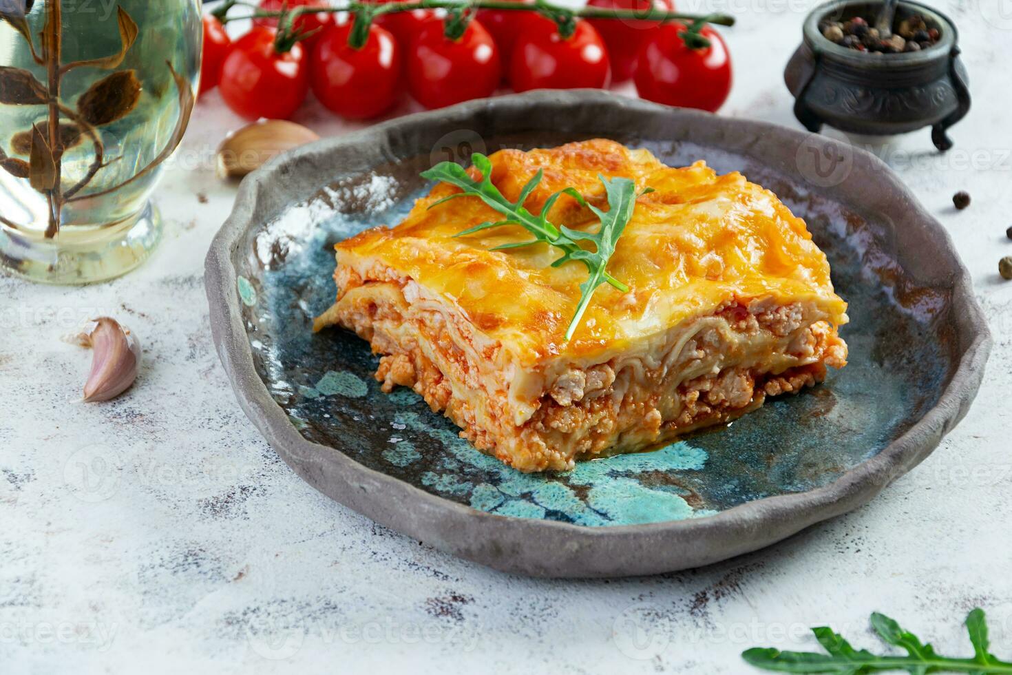 Meat lasagna with bolognese sauce and bechamel sauce. Classic lasagna photo