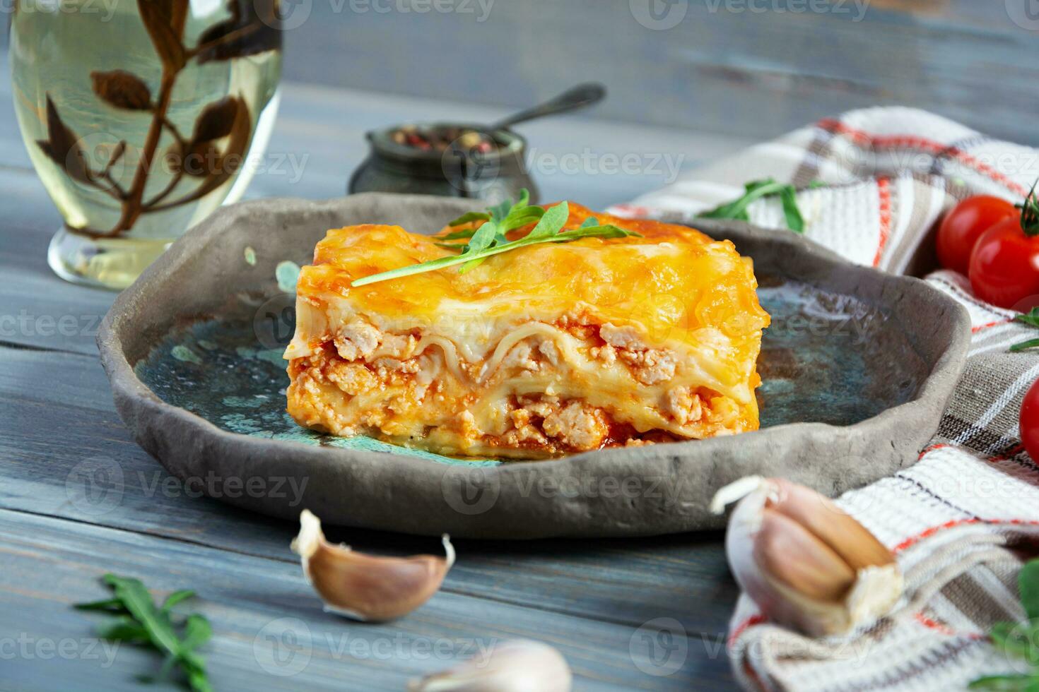 Meat lasagna with bolognese sauce and bechamel sauce. Classic lasagna photo