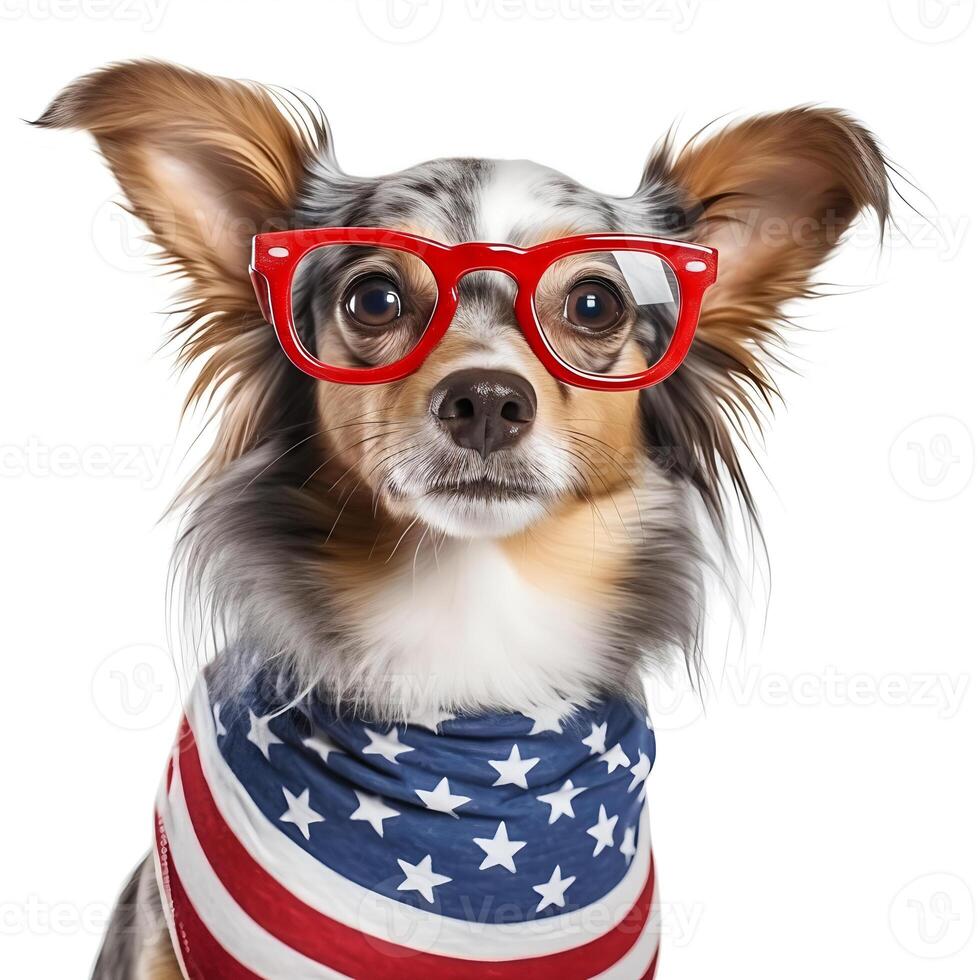 Patriotic Dog Wearing Starts and Stripes Flag and Red Glasses Celebrating 4th of July freedom of American Independence Day, photo