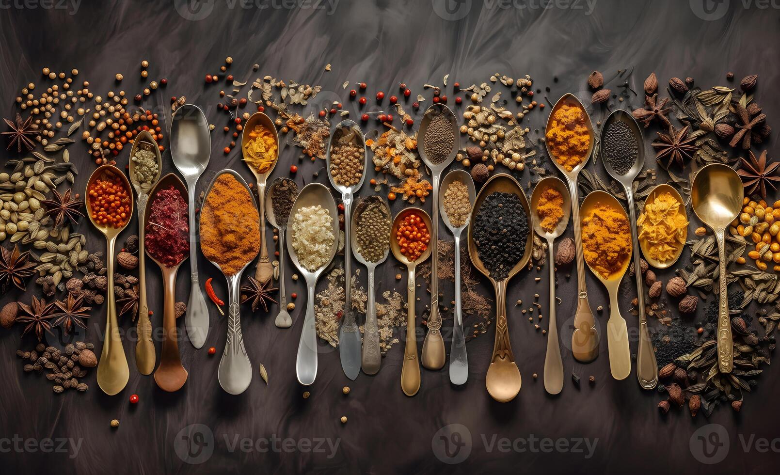 Colourful various herbs and spices for cooking on dark background. photo