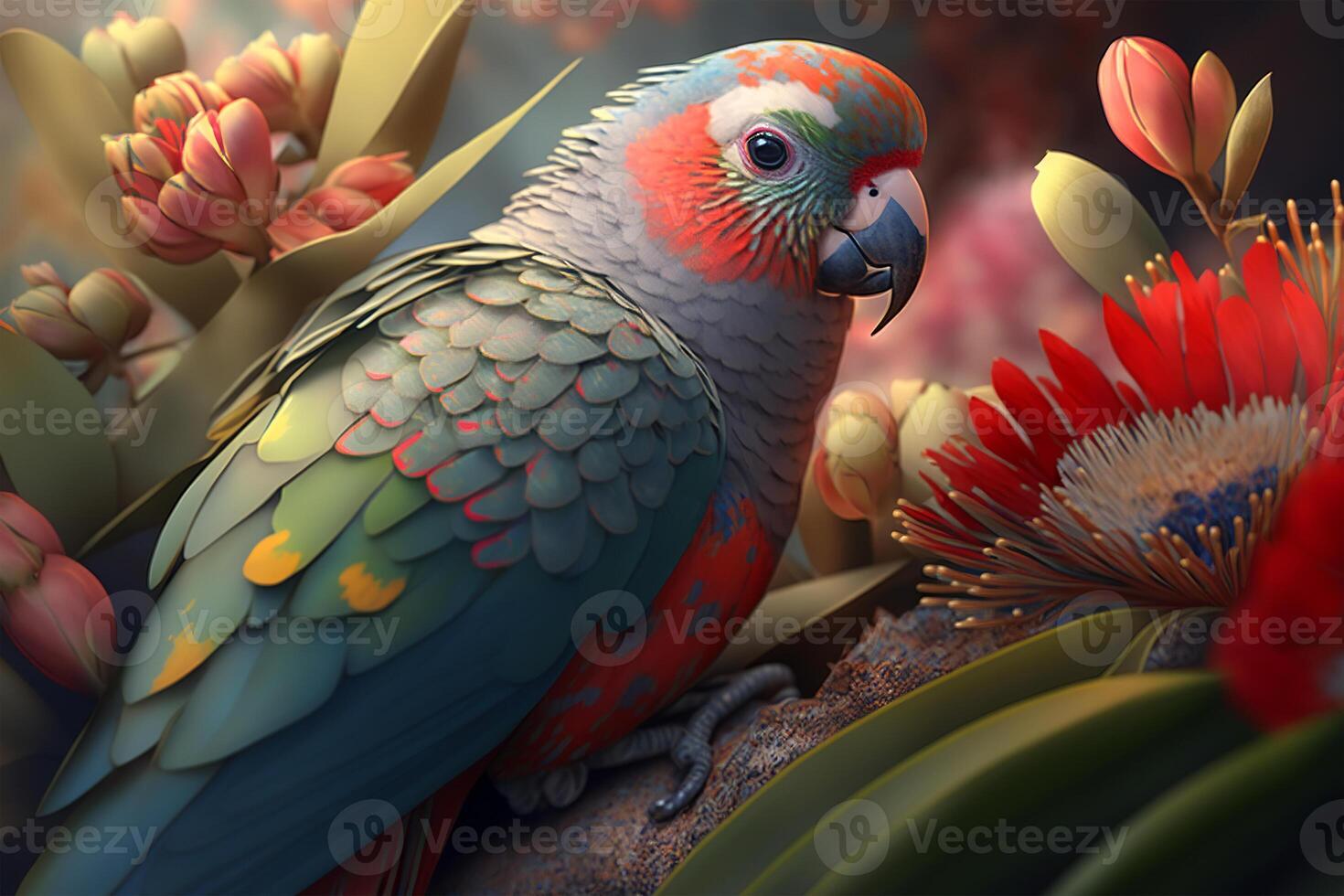 Cute colorful parrot sitting in the flowers in the jungle. Exotic tropical bird. photo
